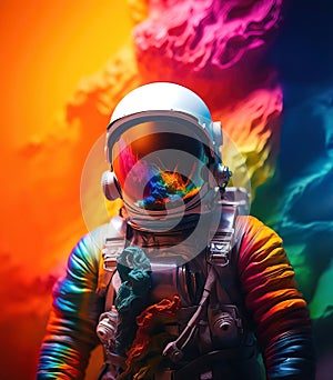 A cosmonaut in a rainbow of neon colors, a surreal colorful journey