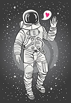 Cosmonaut with raised hand in salute and heart