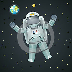 Cosmonaut Realistic 3d Astronaut Spaceman Space Stars Earth Moon Background Icon