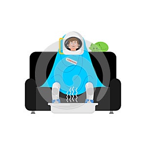 Cosmonaut sick sitting in armchair wrapped in blanket. Astronaut