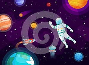 Cosmonaut in space. Astronaut spacecraft rocket in open space, universe planets and planetary cartoon vector background photo
