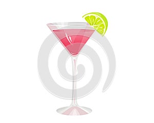 Cosmopolitan cocktail in a cocktail glass.Summer refreshing alcoholic drink with a slice of lime.