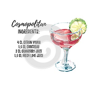 Cosmopolitan cocktail ingridients list recipe. Watercolor hand drawn illustration on white background with text aside