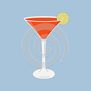 Cosmopolitan Cocktail in martini glass garnished with lime wheel. Summer aperitif drink minimalist square print