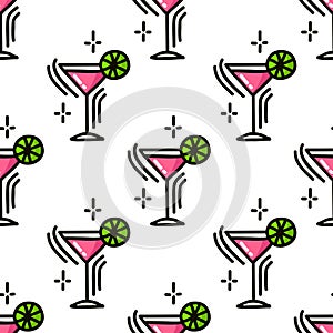 Cosmopolitan cocktail seamless doodle pattern, vector illustration