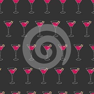 Cosmopolitan Cocktail seamless pattern. Hand drawing sketch outlines on grey background. Vector Illustration. EPS10