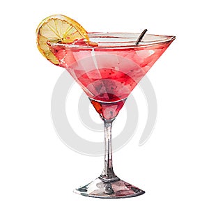 Cosmopolitan cocktail watercolor. Pink alcoholic drink. Cooling drink for a bar party.