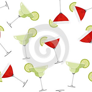 Cosmopolitan and Margarita cocktails seamless pattern. Alcohol drinks background