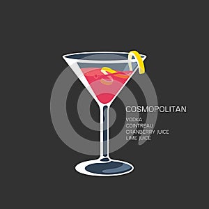 Cosmopolitan red cocktail martini glass lime vector illustration