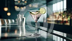 Cosmopolitan with a twist of lime, served on a modern bar, sleek surfaces, focus on the refreshing look of the drink
