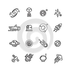 Cosmos, astronomy and astrology space line vector icons