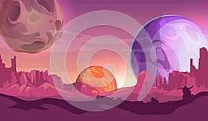 Cosmos background. Universe, view from another planets. Cartoon space, magic world vector illustration
