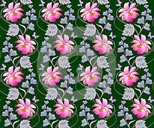 Cosmos and bell flowers garlands in watercolor style on dark green background. Seamless natural print for fabric, wallpaper.
