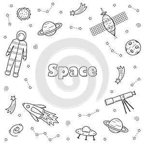 Cosmos doodle is a set of vector illustrations. Frame icons of space elements rocket cosmonaut stars satellite telescope
