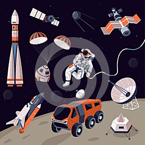 Cosmos exploration, machinery and astronaut in outer space