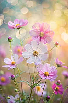 Cosmos flowers in bokeh texture soft blur for background with pastel style photo