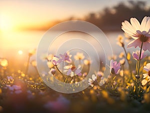 cosmos flowers field over blurred sunset background.