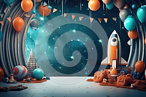 Cosmos magic ballon planets pattern with stars smash cake backdrop, anniversary, custom-made, colorfull