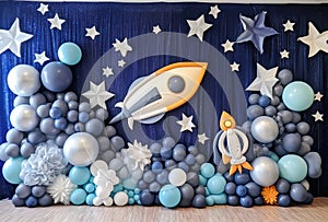 Cosmos magic ballon planets pattern with stars smash cake backdrop, anniversary, custom-made, colorfull