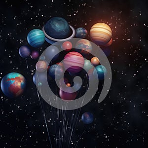 Cosmos magic ballon planets pattern with stars smash cake backdrop, anniversary, custom-made, colorfull