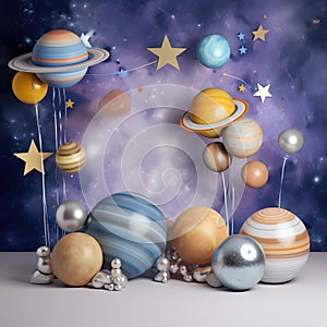 Cosmos magic sky and planets pattern with stars smash cake backdrop, anniversary, custom-made, colorfull