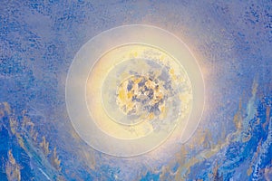 Cosmos oil painting beautiful large glowing planet moon in rays of sun concept art. Fantasy abstract blue mountains space universe