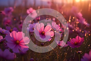 Cosmos pink flowers in the field in the morning