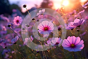 Cosmos pink flowers in the field in the morning