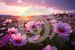 Cosmos pink flowers in the field in the morning