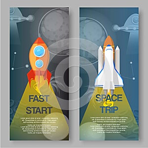 Cosmos with rockets set of banners vector illustration. Shuttle Launch. Spaceship on planets background. Fast start and