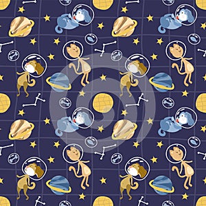 Cosmos seamless vector pattern. Cute cat and dog in space. Animal astronauts. Hand drawn planets and stars