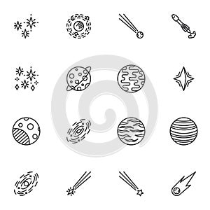 Cosmos, space line icons set