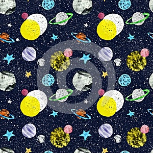 Cosmos and space seamless pattern, hand drawn illustration. Dark blue night sky background with stars and planets