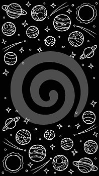 Cosmos template for stories, empty space for text. Hand-drawn doodle stars and planets of the solar system, white line art on