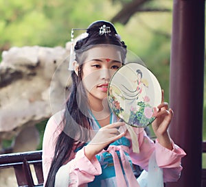 Cosplay Chinese shy beauty in traditional ancient drama costume hanfu