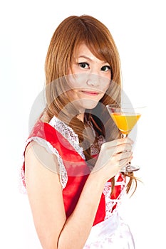 Cosplay of Maid drink Orange juice glass on white backgound.