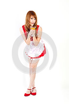 Cosplay of Maid drink Orange juice glass on white backgound.
