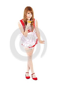 Cosplay of Maid drink Orange juice glass on white backgound.