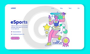 Cosplay web banner or landing page. Young woman dressed up as superheroe photo