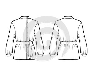 Cossack blouse technical fashion illustration with tie, bouffant long sleeves, stand collar, oversized, button up. Flat