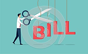 Cost cut or reduction concept. Business efficiency and cost optimization symbol. Businessman cutting bill alphabet vector