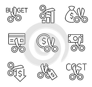 Cost cutting, budget cut line icons