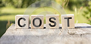 Cost, expense or company profit and loss concept, cube wooden block with alphabet combine word COST on white grid paper