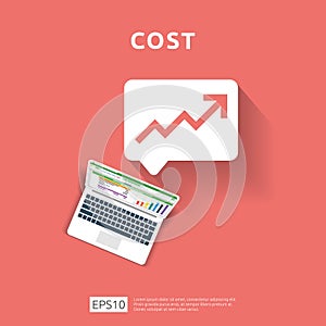 cost fee spending increase with arrow rising up growth diagram. business cash reduction concept. investment growth progress with