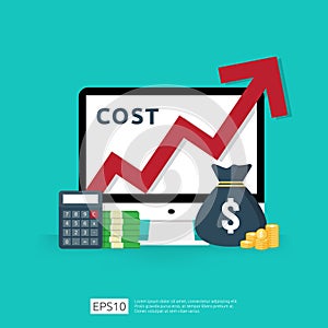 cost fee spending increase with red arrow rising up growth diagram. business cash reduction concept. investment growth progress