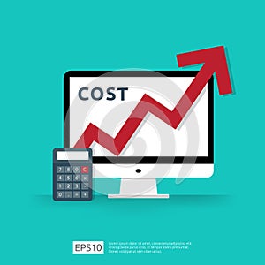 cost fee spending increase with red arrow rising up growth diagram. business cash reduction concept. investment growth progress