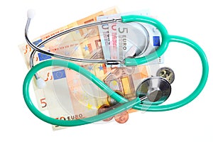 Cost of health care: stethoscope on euro money