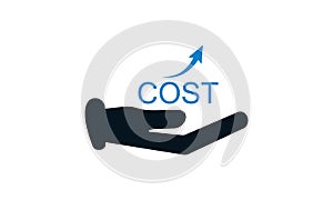 Cost icon. Cost up concept. Businessman with hand uppers arrow of the graph.