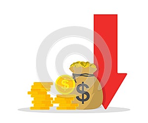 Cost low and loss. Decrease revenue. Crisis of economy. Icon of money inflation. Graph of financial investment with arrow down.