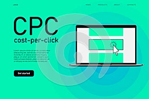 Cost per click advertisement illustration concept with realistic desktop. Landing page template.